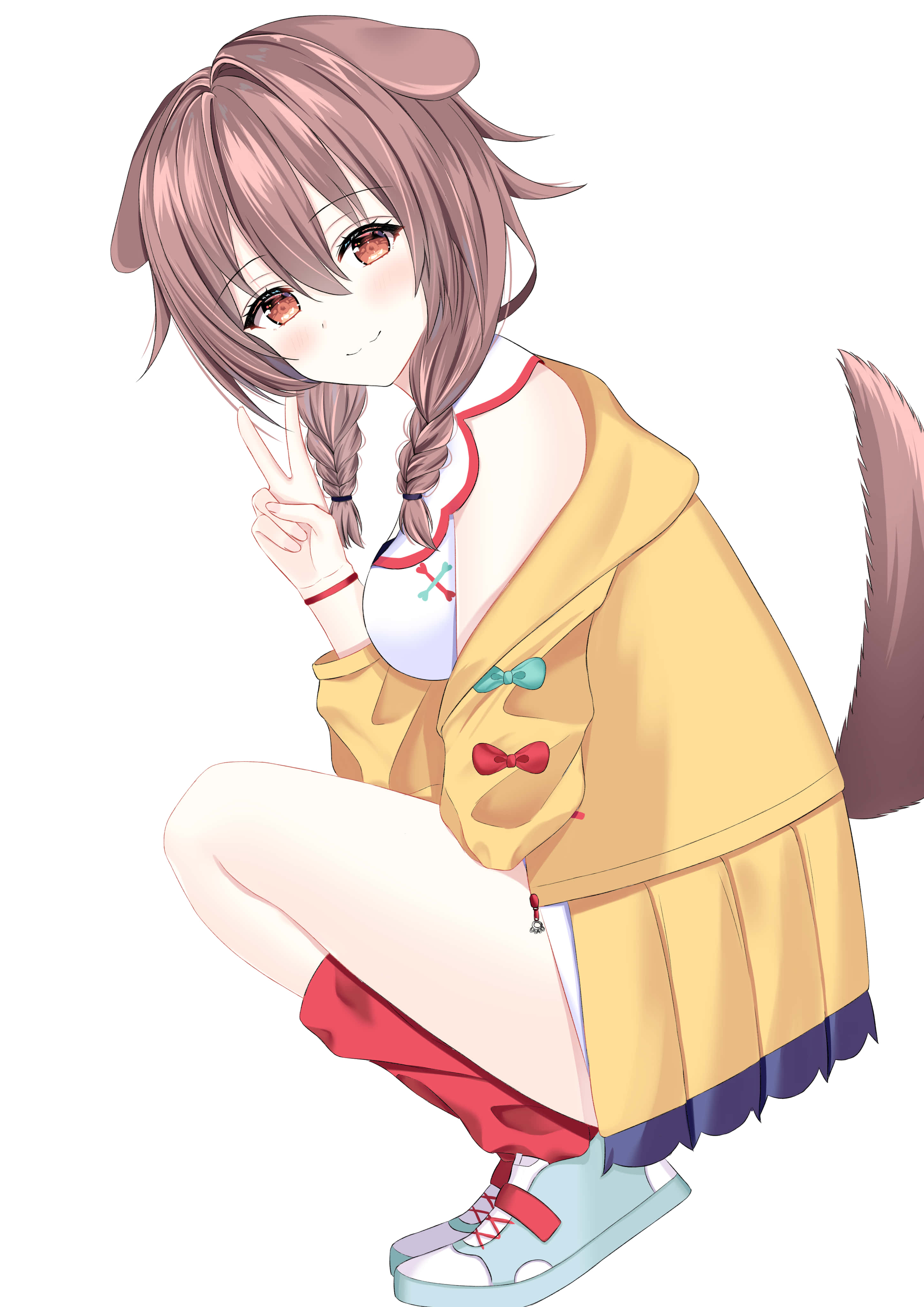 Inugami Korone 桌布 壁紙 — 一位開朗的動漫女孩，粉紅色頭髮和貓耳朵，蹲著微笑並做出和平手勢。