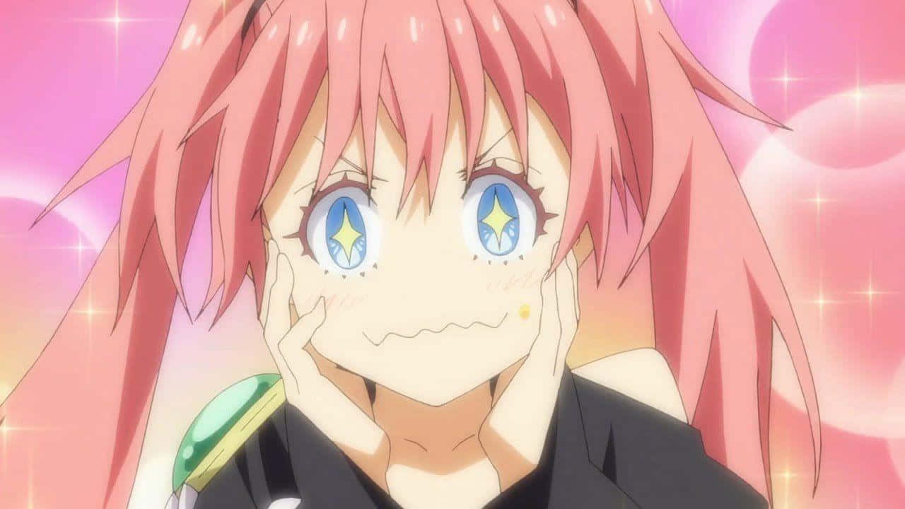That Time I Got Reincarnated As A Slime 桌布 壁紙 — 一位開朗的動漫女孩，粉紅色頭髮和星形藍眼睛，微笑著將臉頰貼在閃閃發光的粉紅色背景上。