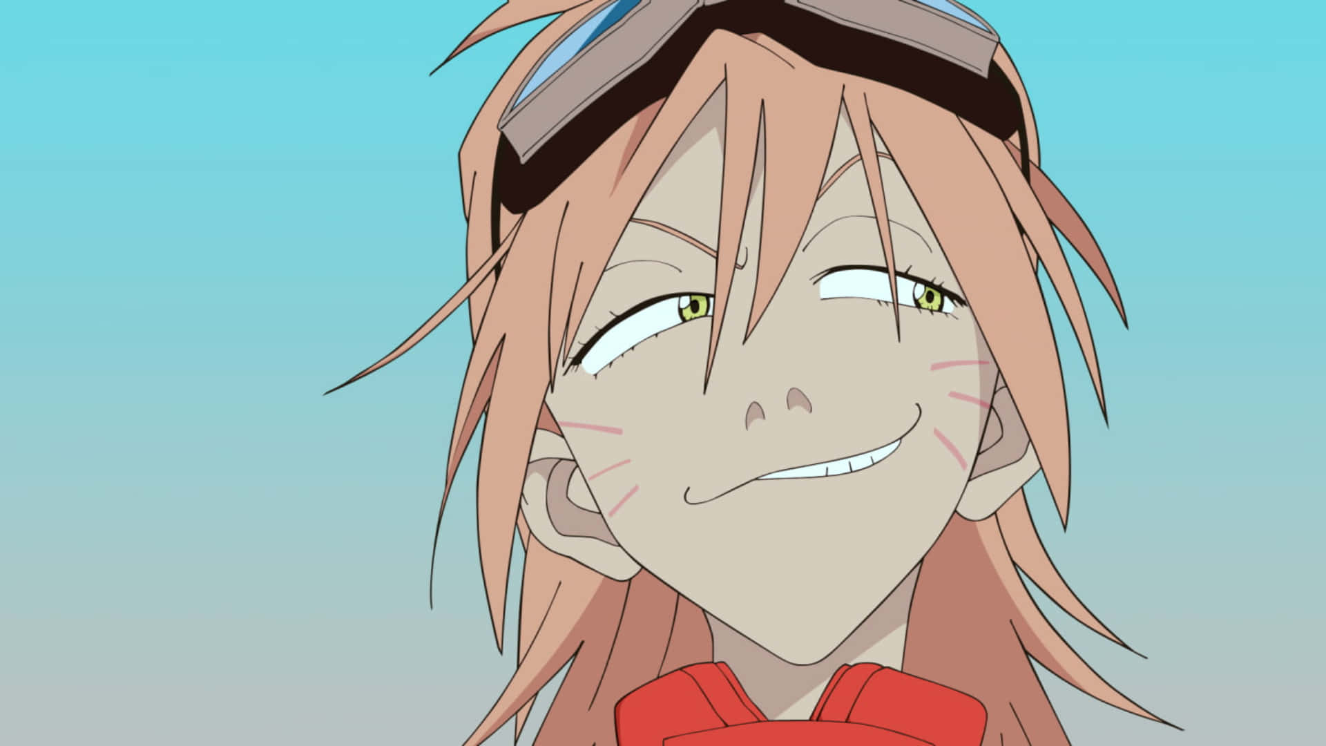 Haruko Haruhara 桌布 壁紙 — 一位開朗的動漫女孩，粉紅色頭髮和護目鏡，在柔和的藍色漸變背景上燦爛微笑。