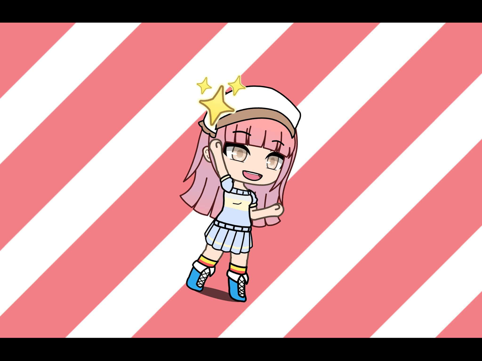 Itsfunneh 桌布 壁紙 — 一位開朗的動漫女孩，粉紅色頭髮戴水手帽，站在粉紅和白色斜紋背景前。