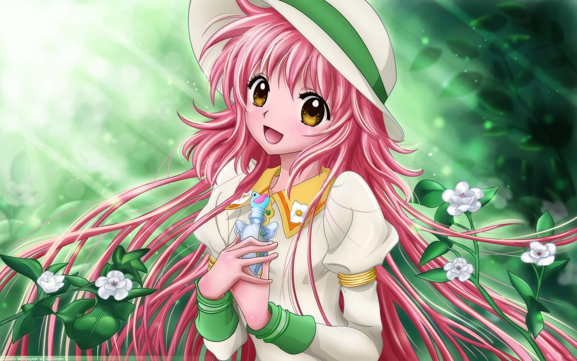 Beautiful Anime 桌布 壁紙 — 一位開朗的動漫女孩，粉紅頭髮戴著白帽，微笑著抱著一隻小生物，周圍是發光的綠色葉子和白色花朵。