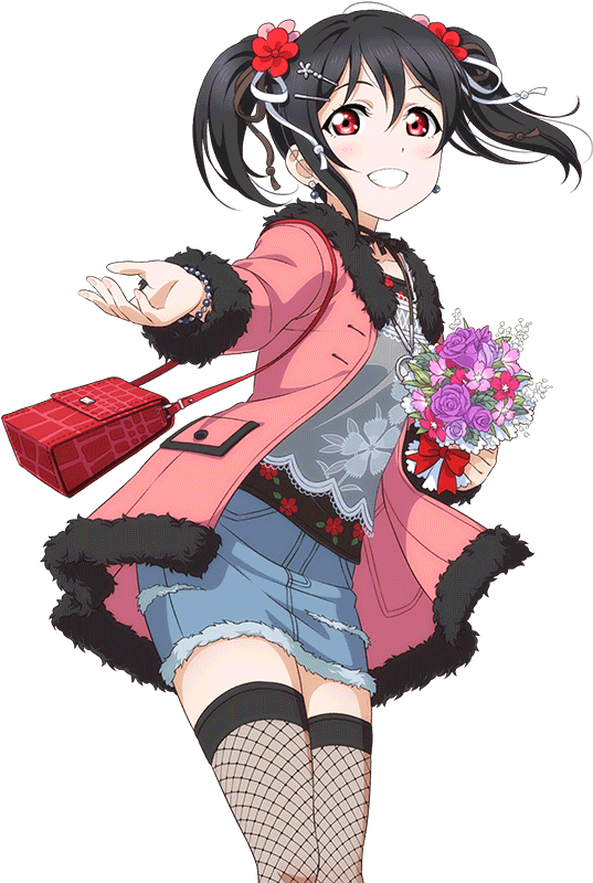 Nico Yazawa 桌布 壁紙 — 一位開朗的動漫女孩，紅眼睛，黑頭髮上飾有紅花，微笑著捧著一束紫色和粉紅色的玫瑰，並拿著一個紅色鱷魚紋手袋。