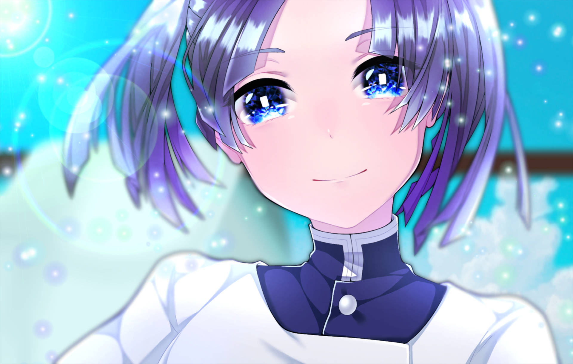 aoi kanzaki 桌布 壁紙 — 一位開朗的動漫女孩，紫色頭髮，閃亮的藍色眼睛，在發光的青綠色背景前溫暖地微笑。