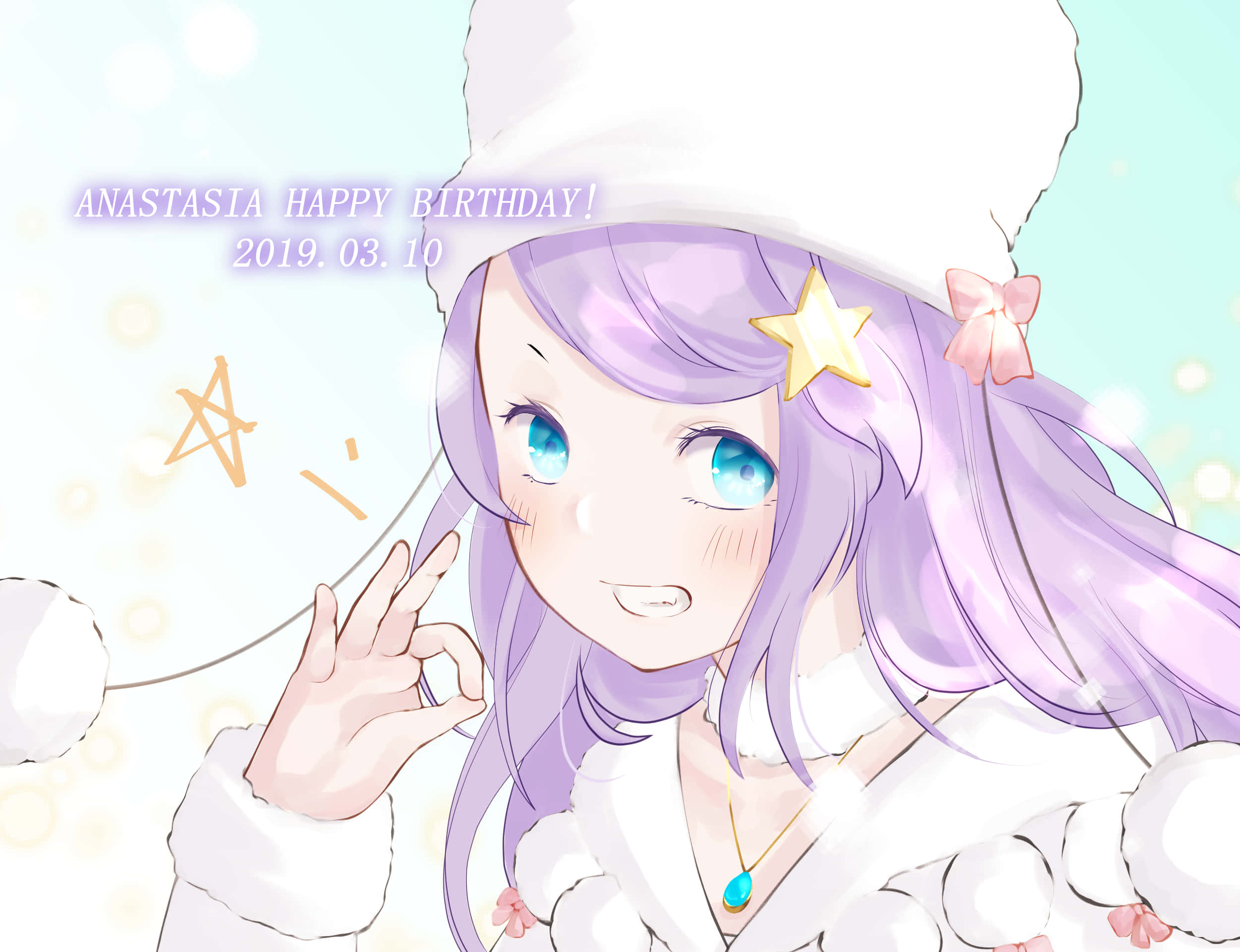 Anastasia Hoshin 桌布 壁紙 — 一位開朗的動漫女孩，紫色頭髮藍色眼睛，戴著白色毛絨帽子，在柔和發光的背景前做出OK手勢。