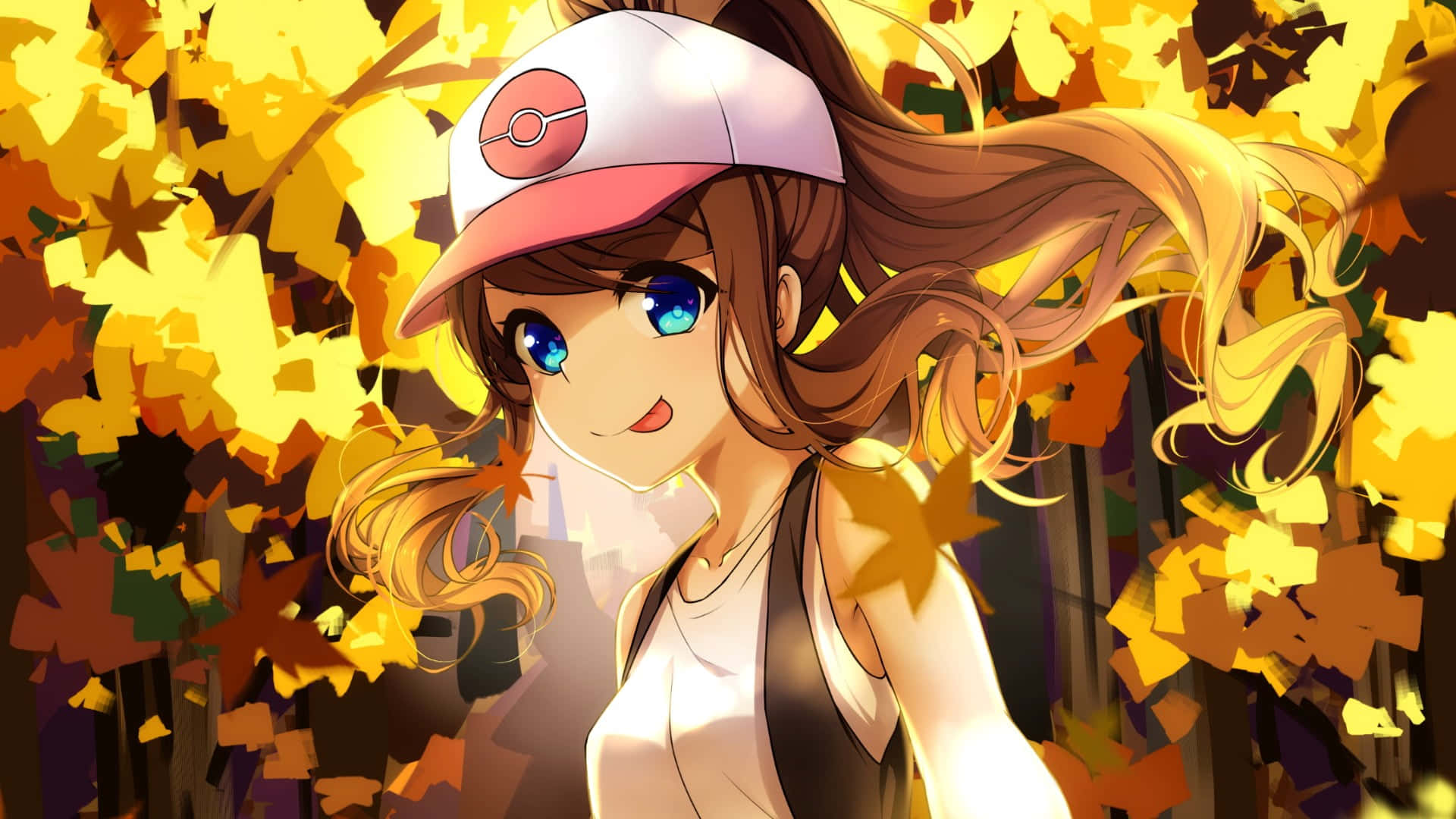 Pokemon Characters 桌布 壁紙 — 一位開朗的動漫女孩，藍眼睛、棕色頭髮，戴著精靈球帽，置身於鮮豔的金色秋葉中。