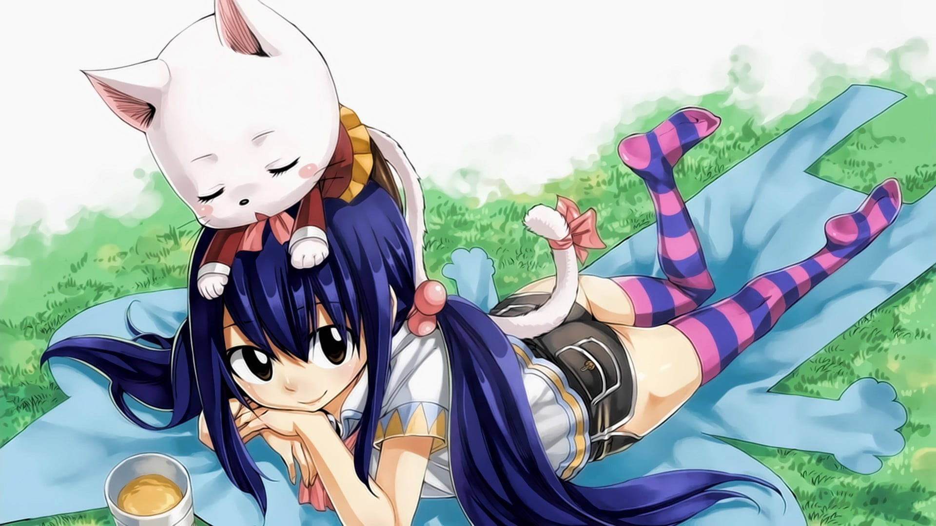 Fairy Tail Characters 桌布 壁紙 — 一位開朗的動漫女孩，藍色頭髮和條紋襪子，在陽光明媚的草地上，躺在一張毯子上，頭頂有一隻白貓。