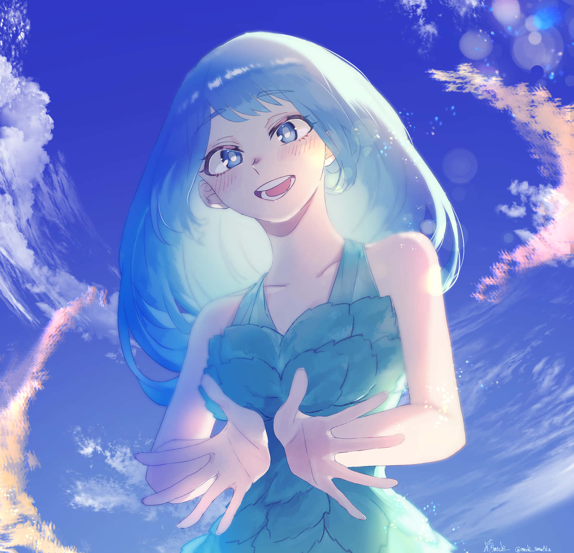 Nejire Hado 桌布 壁紙 — 一位開朗的動漫女孩，藍色頭髮和連衣裙，在充滿活力的藍天、柔軟的雲朵和發光散景中溫暖地微笑。