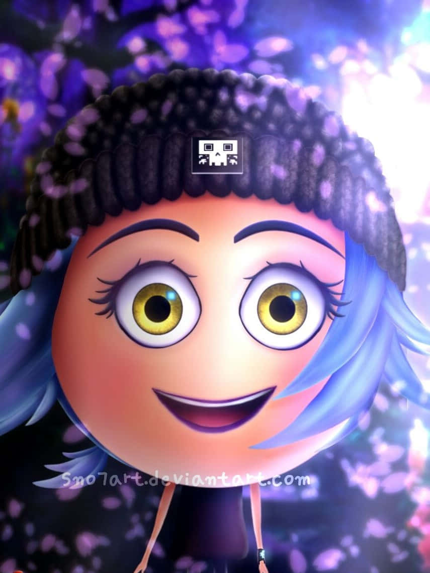 smiling 桌布 壁紙 — 一位開朗的動漫女孩，藍色頭髮和黑色毛帽，在發光的紫色花卉背景前燦爛微笑。