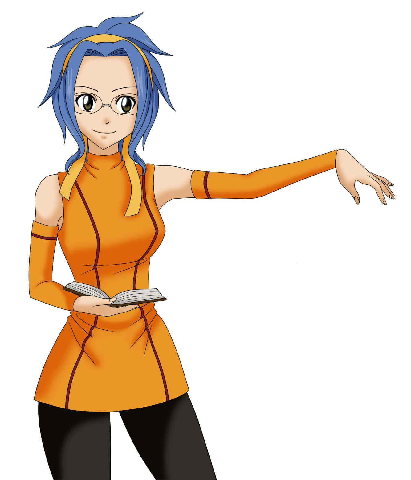 Levy Mcgarden 桌布 壁紙 — 一位開朗的動漫女孩，藍色頭髮戴眼鏡，穿著亮橙色服裝，拿著一本書並向前做手勢。