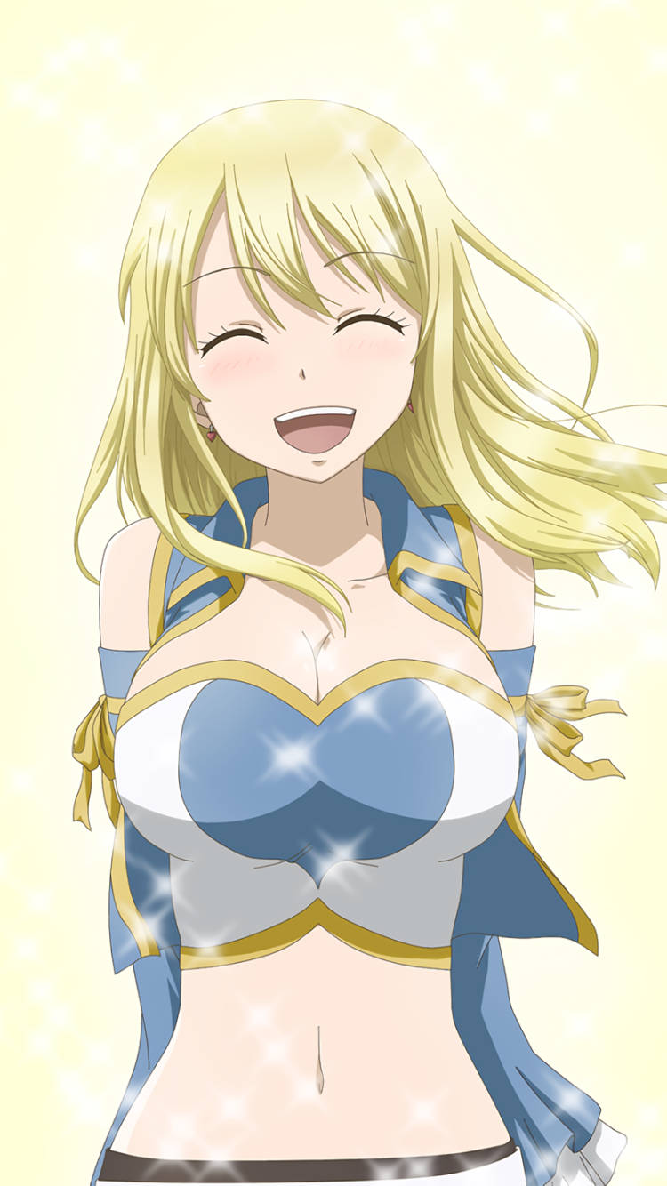 Profile 桌布 壁紙 — 一位開朗的動漫女孩，金色長髮飄逸，穿著閃亮的藍金色服裝，在柔和的黃色背景前開懷大笑。