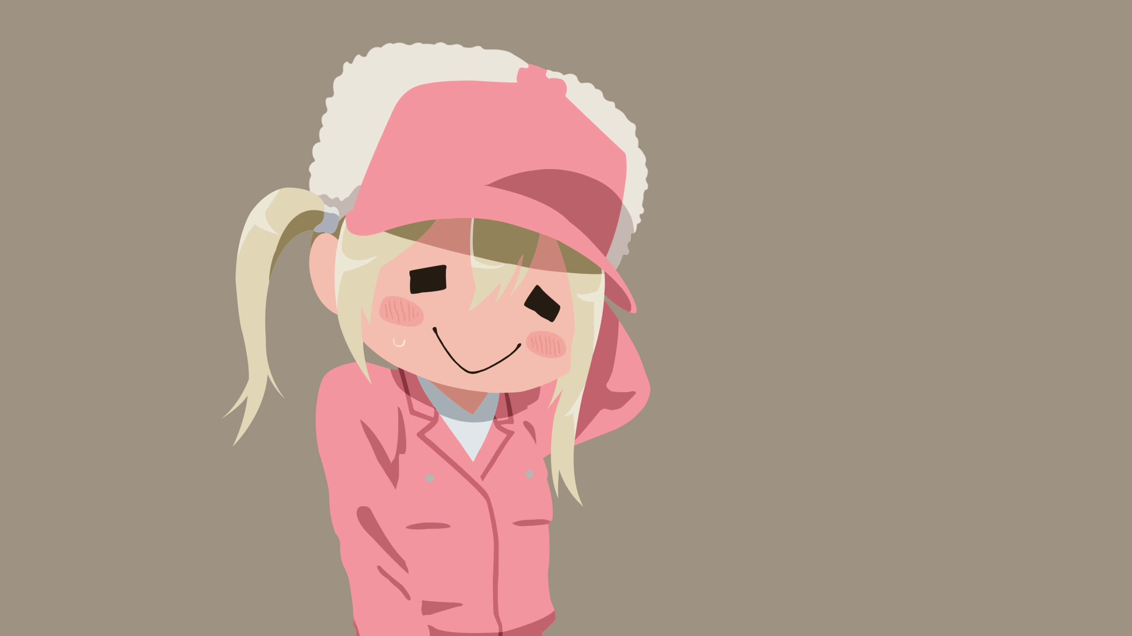Cells At Work 桌布 壁紙 — 一位開朗的動漫女孩，金色雙馬尾，戴著粉紅色冬帽和外套，背景是柔和的棕色。
