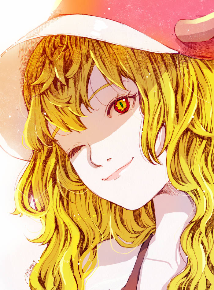 Lucoa 桌布 壁紙 — 一位開朗的動漫女孩，金色頭髮和紅色眼睛，在粉紅色帽子下對著明亮背景溫柔微笑。