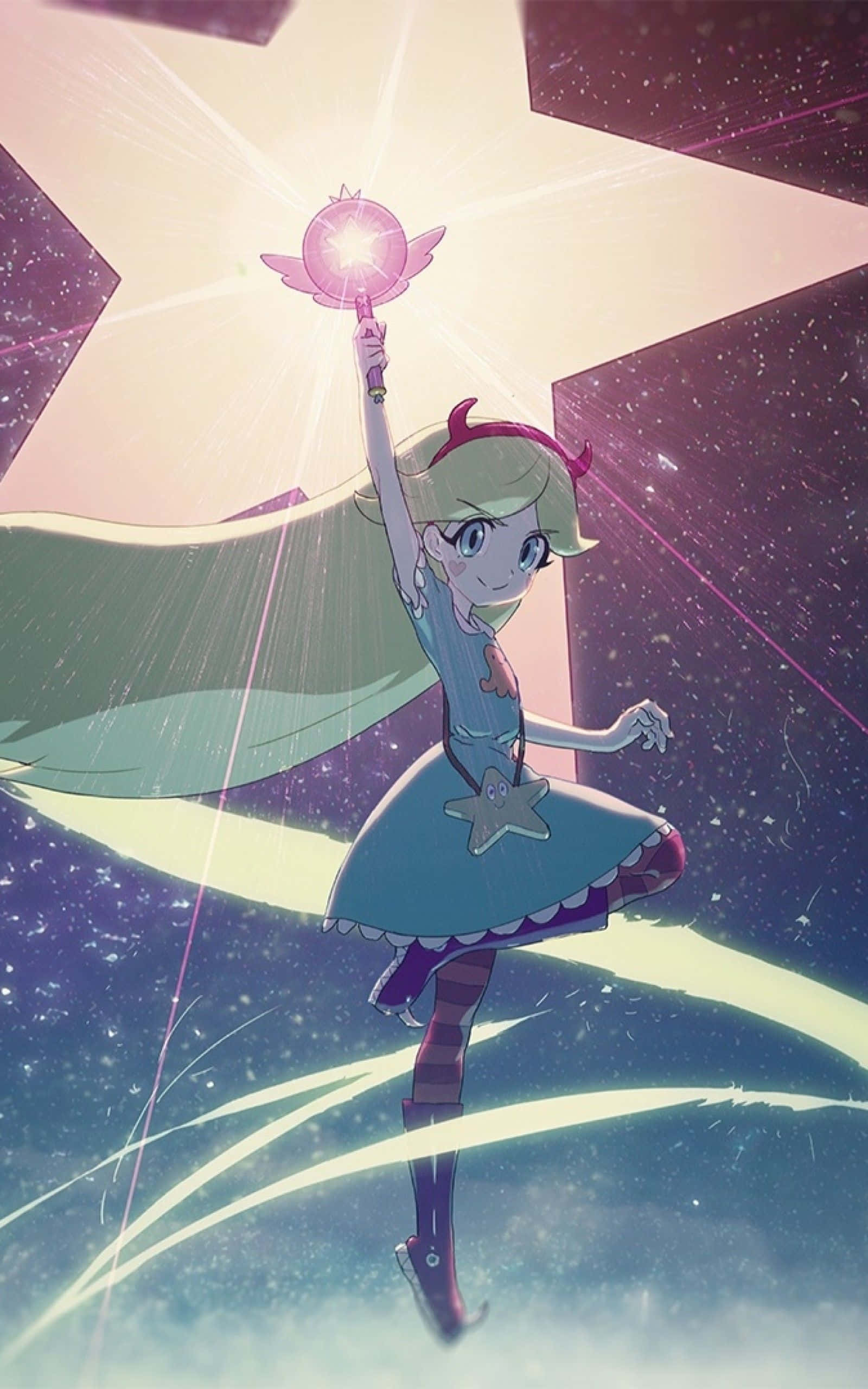 Star Vs The Forces Of Evil 桌布 壁紙 — 一位開朗的動漫女孩，金髮，穿著星星主題的連衣裙，漂浮在宇宙環境中，手持一個發光的粉紅色鳥形魔杖。