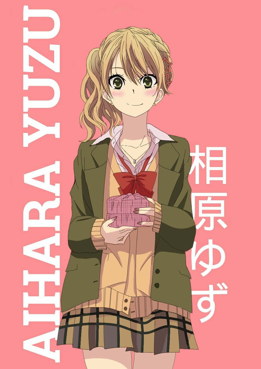 動漫 桌布 壁紙 — 一位開朗的動漫女孩，金髮碧眼，在純粉色背景前拿著一個粉紅色禮物盒。
