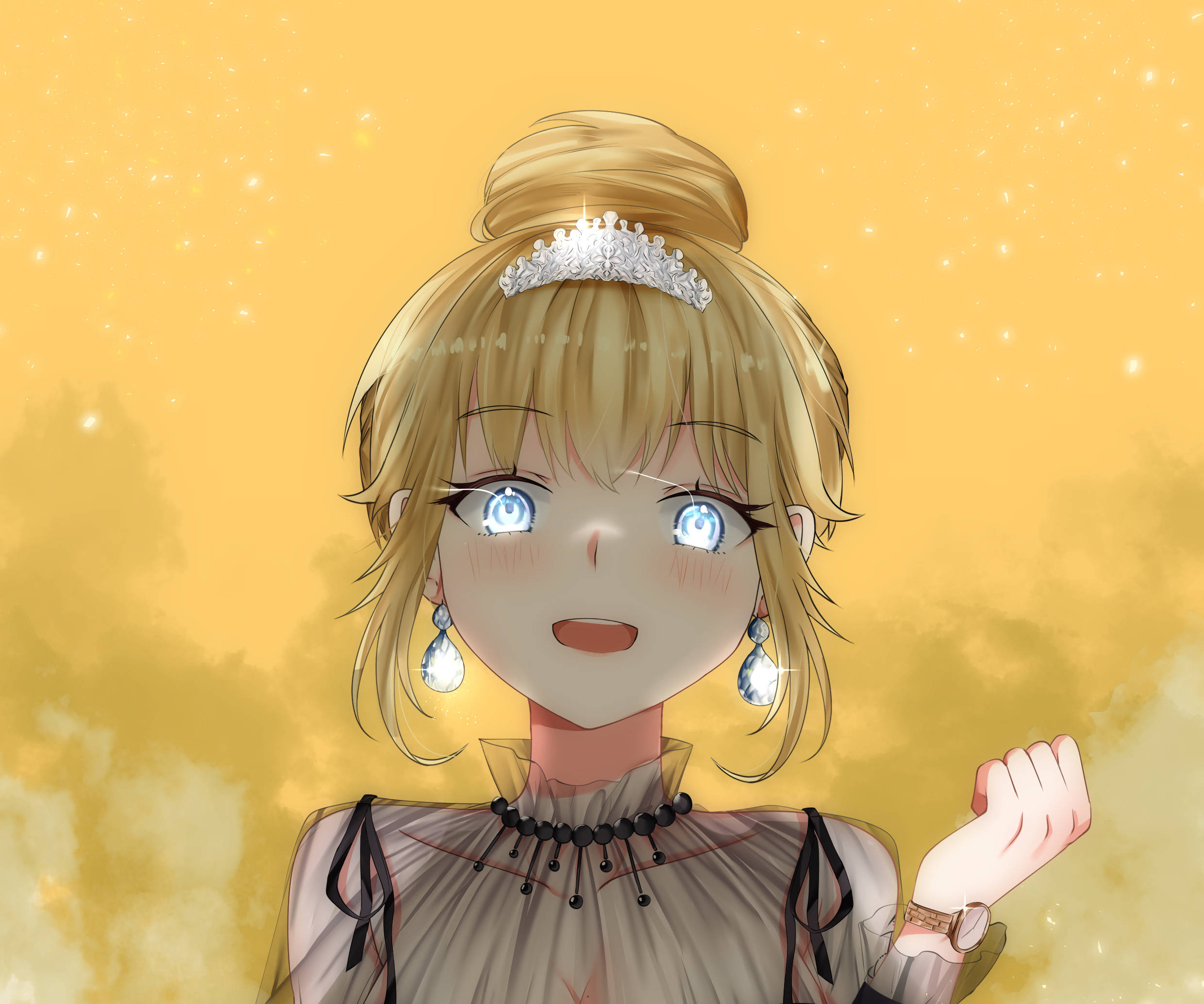 Amelia 桌布 壁紙 — 一位開朗的動漫女孩，金髮碧眼，在金色星空背景下溫暖微笑。