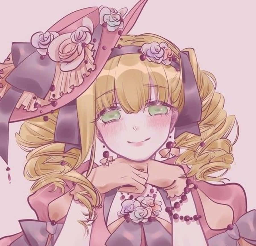 Elizabeth Midford 桌布 壁紙 — 一位開朗的動漫女孩，金髮碧眼，戴著一頂飾有玫瑰和蝴蝶結的粉紅色帽子，溫柔地微笑。