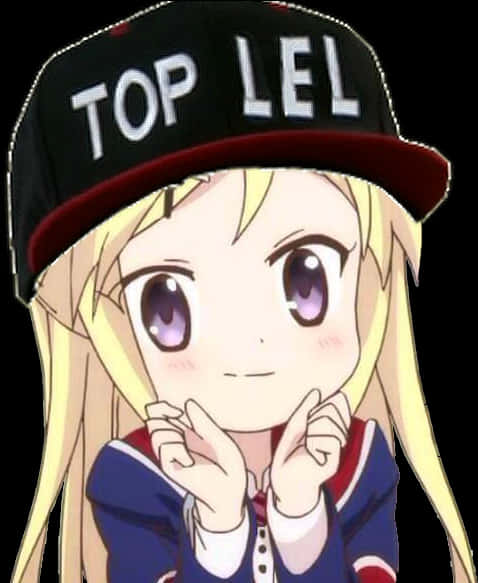 Shinobu 桌布 壁紙 — 一位開朗的動漫女孩，金髮紫眼，戴著印有 TOP LEL 的黑色鴨舌帽，身穿藍色校服。