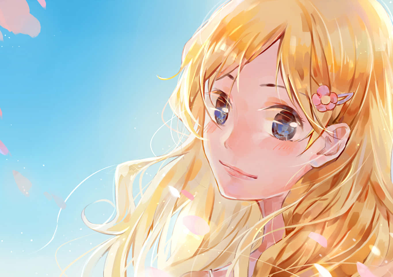 Your Lie In April 桌布 壁紙 — 一位開朗的動漫女孩，金髮藍眼，在明亮的藍天下微笑，周圍漂浮著粉紅色的花瓣。