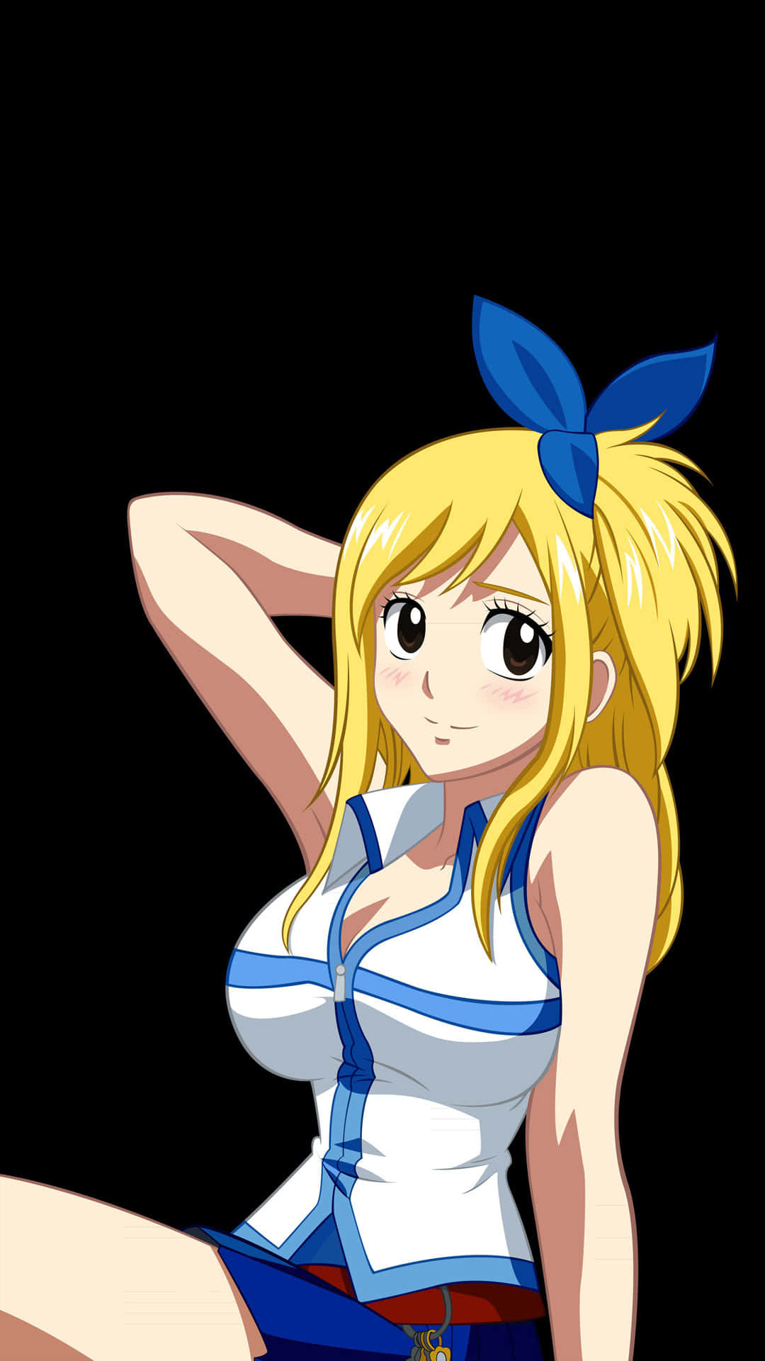 lucy heartfilia 桌布 壁紙 — 一位開朗的動漫女孩，金髮藍色蝴蝶結，在黑色背景前微笑擺姿勢。