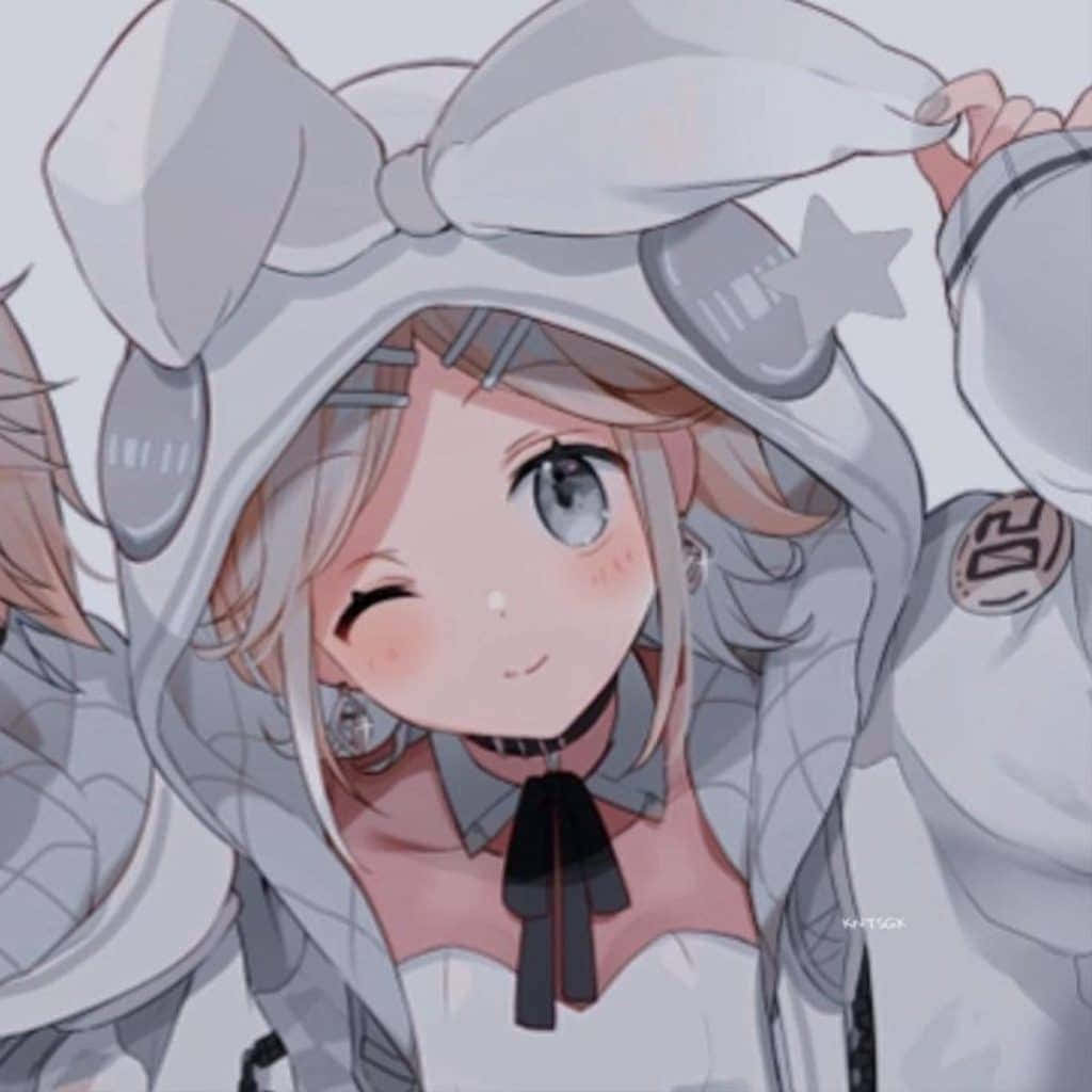 Discord Anime Pfp 桌布 壁紙 — 一位開朗的動漫女孩，銀色頭髮，穿著帶有大型灰色蝴蝶結的連帽衫，俏皮地向觀眾眨眼。