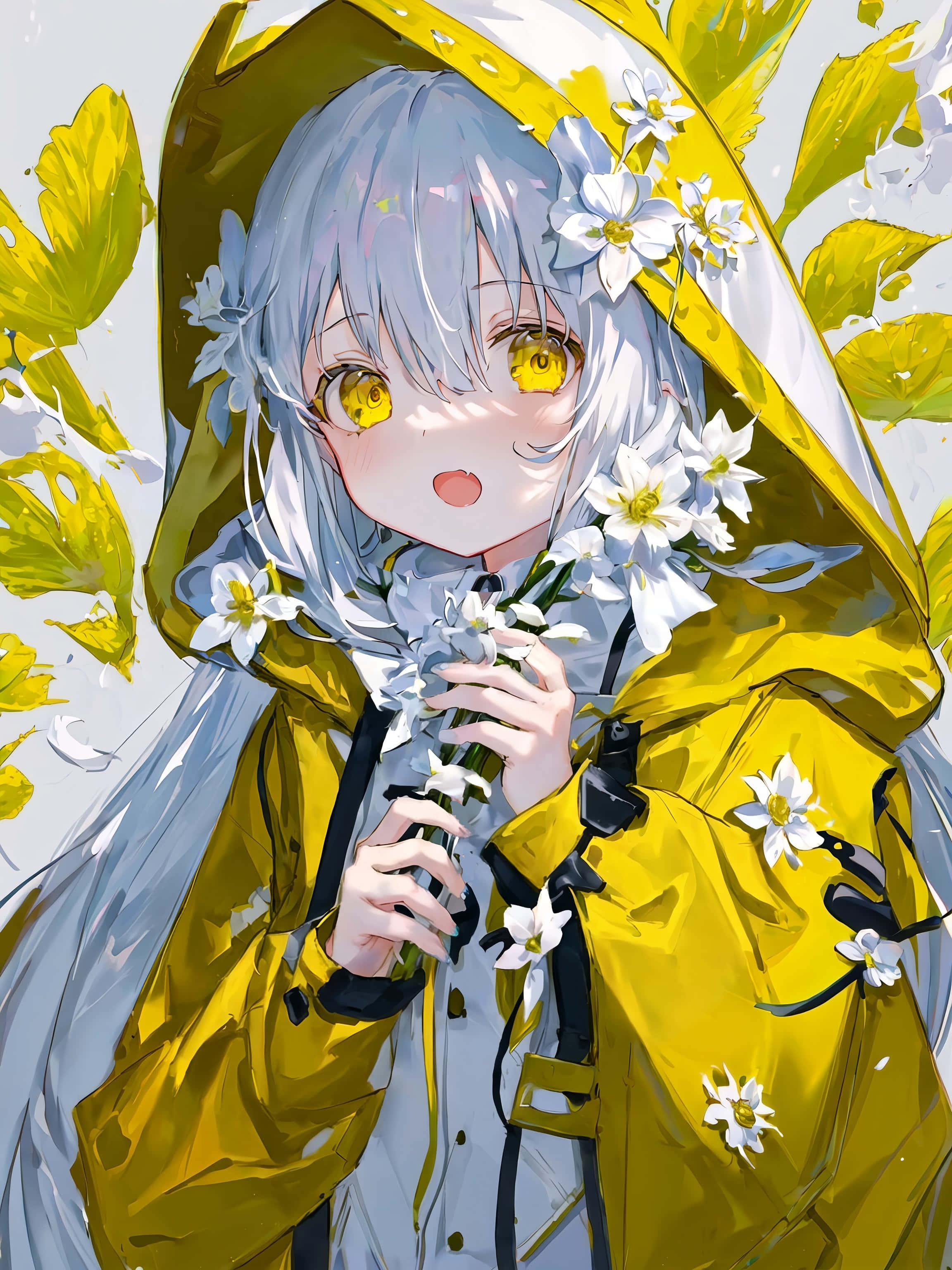 Yellow Raincoat 桌布 壁紙 — 一位開朗的動漫女孩，銀色頭髮和金色眼睛，穿著飾有白色花朵的黃色雨衣，手持花束。