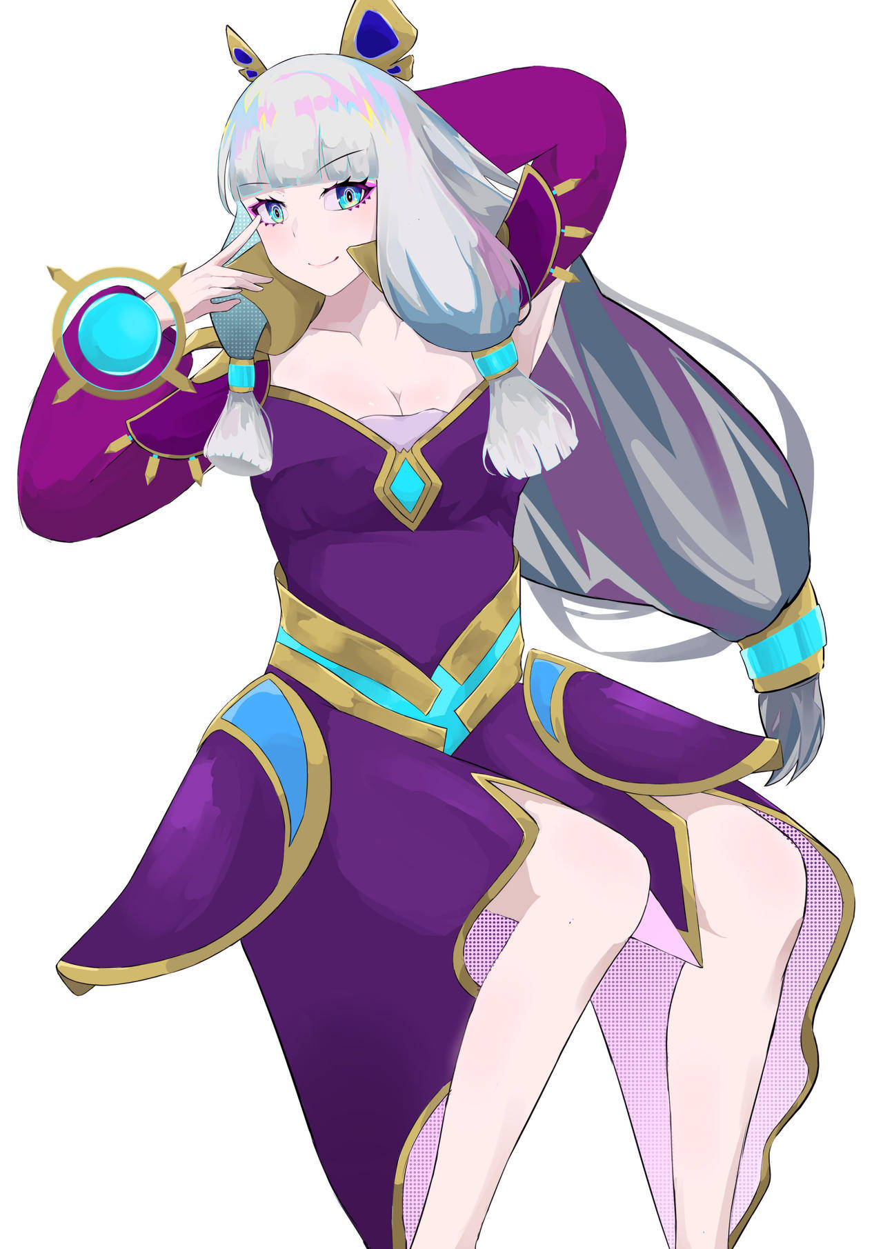 Guinevere 桌布 壁紙 — 一位開朗的動漫女孩，銀髮藍眼，身穿紫色和金色服裝，手持發光球體。