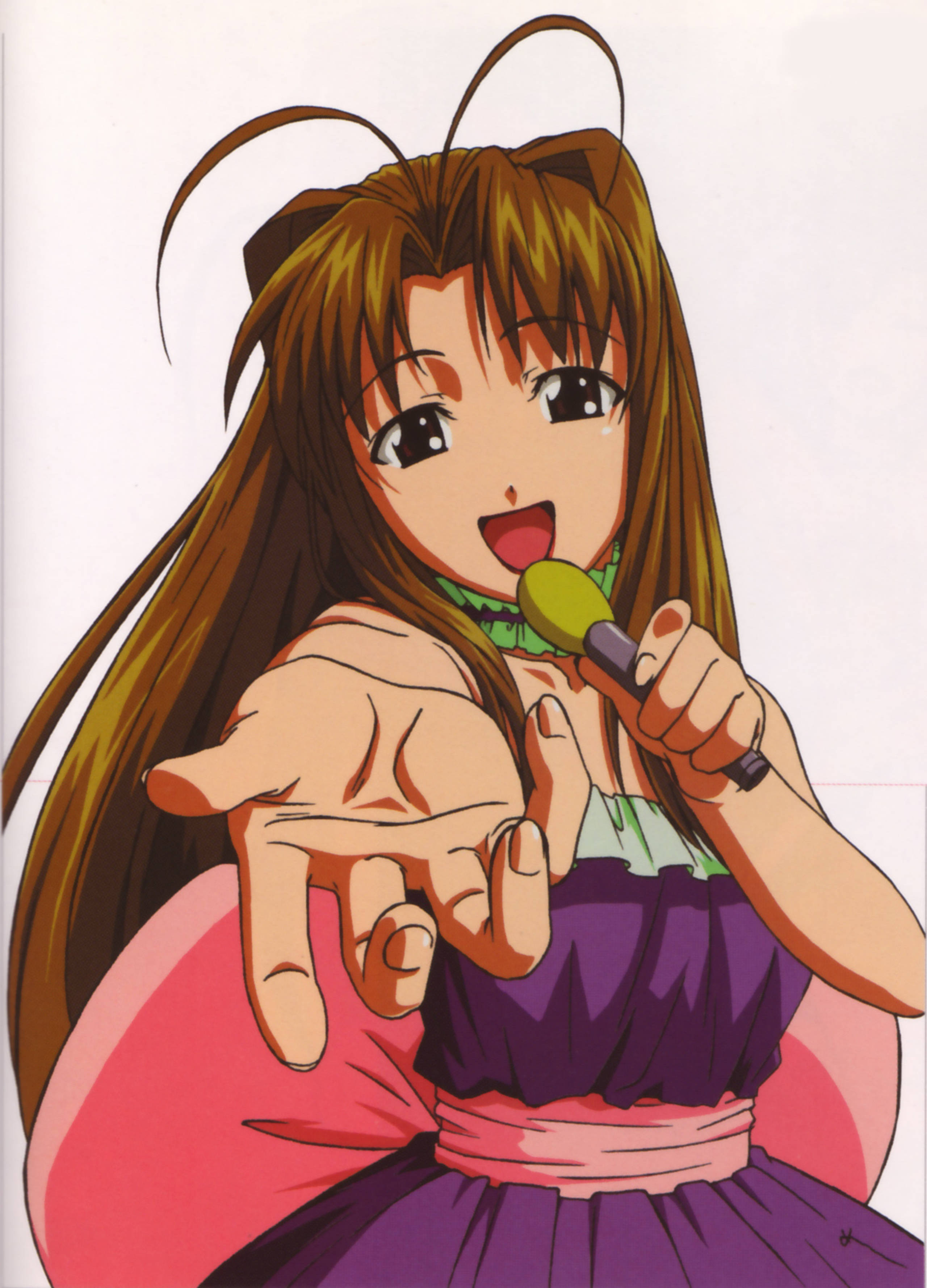 Hina 桌布 壁紙 — 一位開朗的動漫女孩，長著棕色長髮和貓耳，手持麥克風，面帶燦爛笑容向前指。