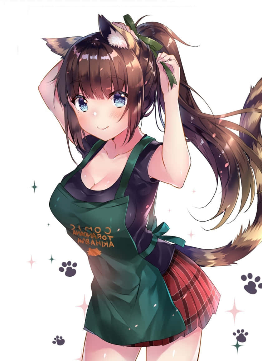 動漫女孩 桌布 壁紙 — 一位開朗的動漫女孩，長著狐狸耳朵和尾巴，穿著綠色圍裙和紅色格子裙，頑皮地整理頭髮。