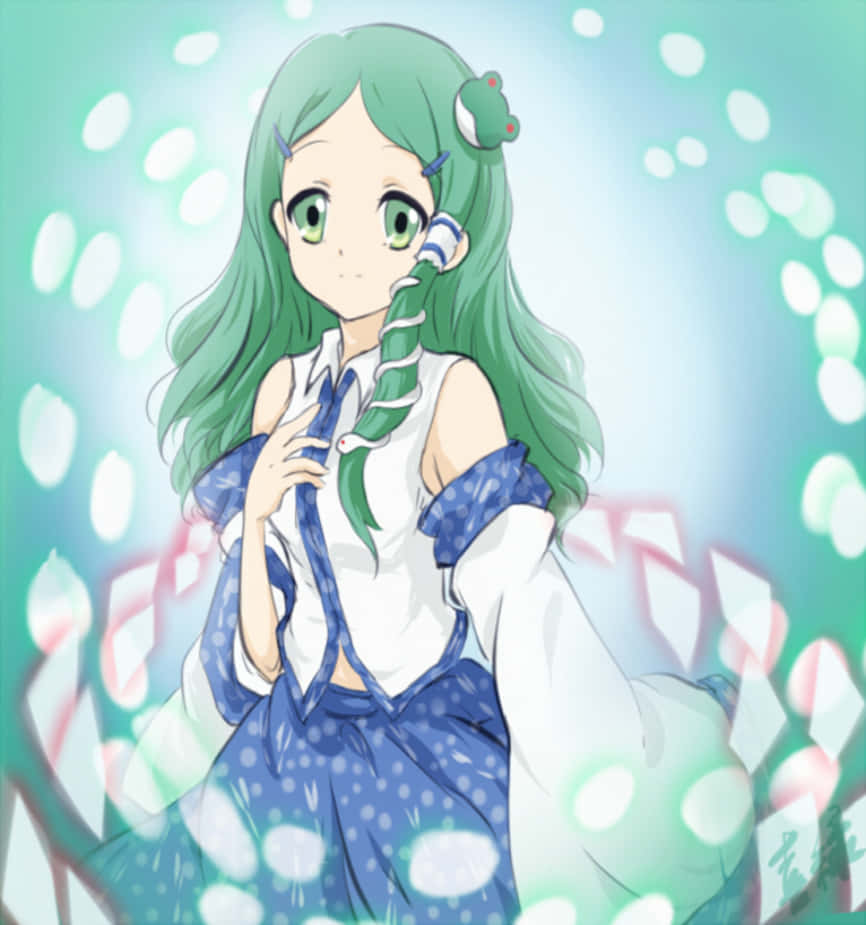 Emiri Kimidori 桌布 壁紙 — 一位開朗的動漫女孩，長著綠色長髮，戴著青蛙飾品，在閃閃發光的青綠色背景前溫柔微笑。