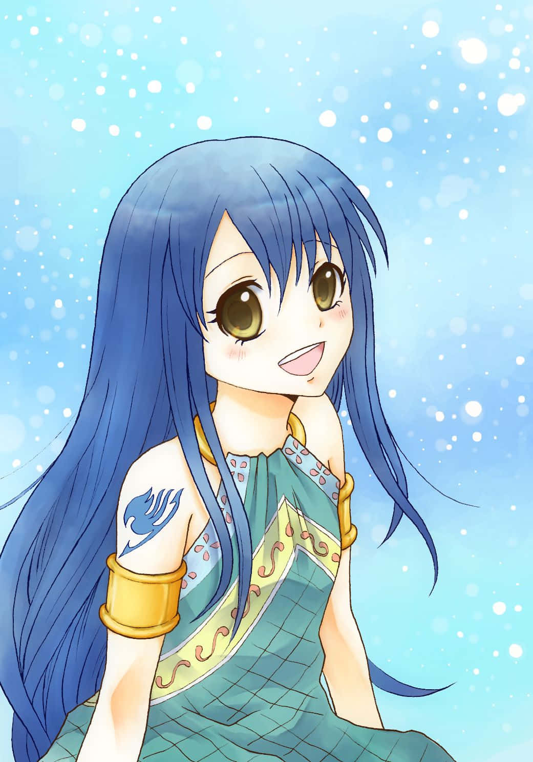 Wendy Marvell 桌布 壁紙 — 一位開朗的動漫女孩，長著藍色長髮和金色眼睛，在閃閃發光的淺藍色背景上微笑。