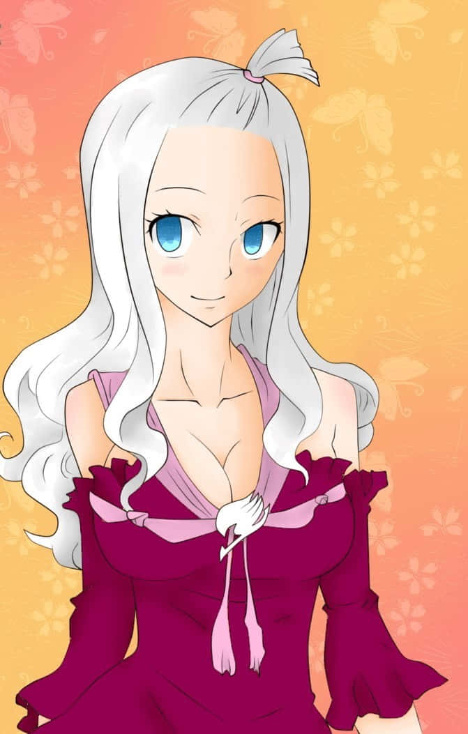Mirajane Strauss 桌布 壁紙 — 一位開朗的動漫女孩，長著銀色長髮和藍色眼睛，穿著深紫色連衣裙，背景是帶有花卉圖案的溫暖漸變色。