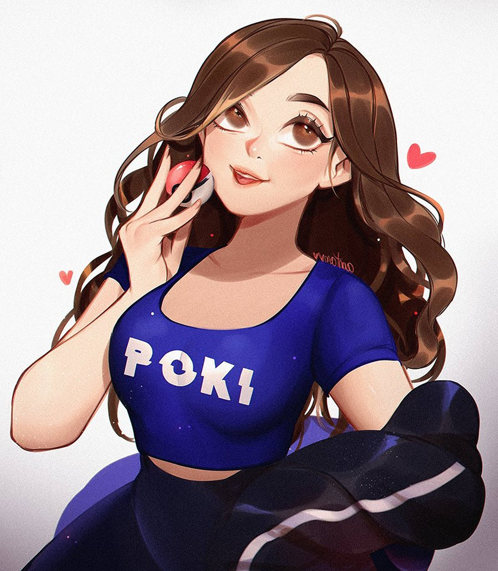 Pokimane 桌布 壁紙 — 一位開朗的動漫女孩，長長的棕色頭髮，在純白色背景上，手持寶可夢球靠近臉部，周圍有漂浮的心形。