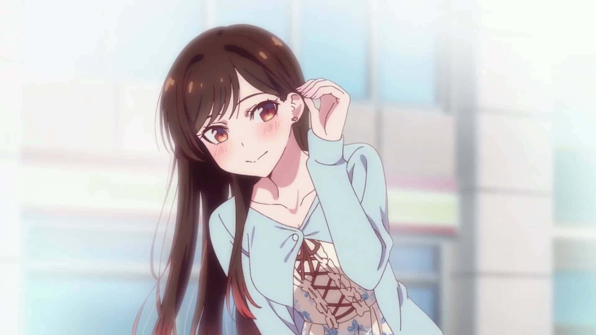 Animated 桌布 壁紙 — 一位開朗的動漫女孩，長長的棕色頭髮和溫暖的眼睛，輕輕地微笑著調整她的耳朵，穿著一件淺藍色開襟毛衣，上面有圖案的上衣。
