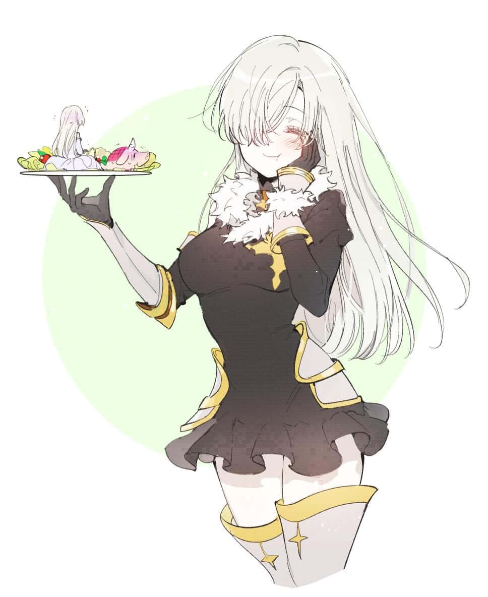 Seven Deadly Sins Elizabeth Liones 桌布 壁紙 — 一位開朗的動漫女孩，長長的白髮，在柔和的綠色背景下，用托盤端上色彩繽紛的甜點。