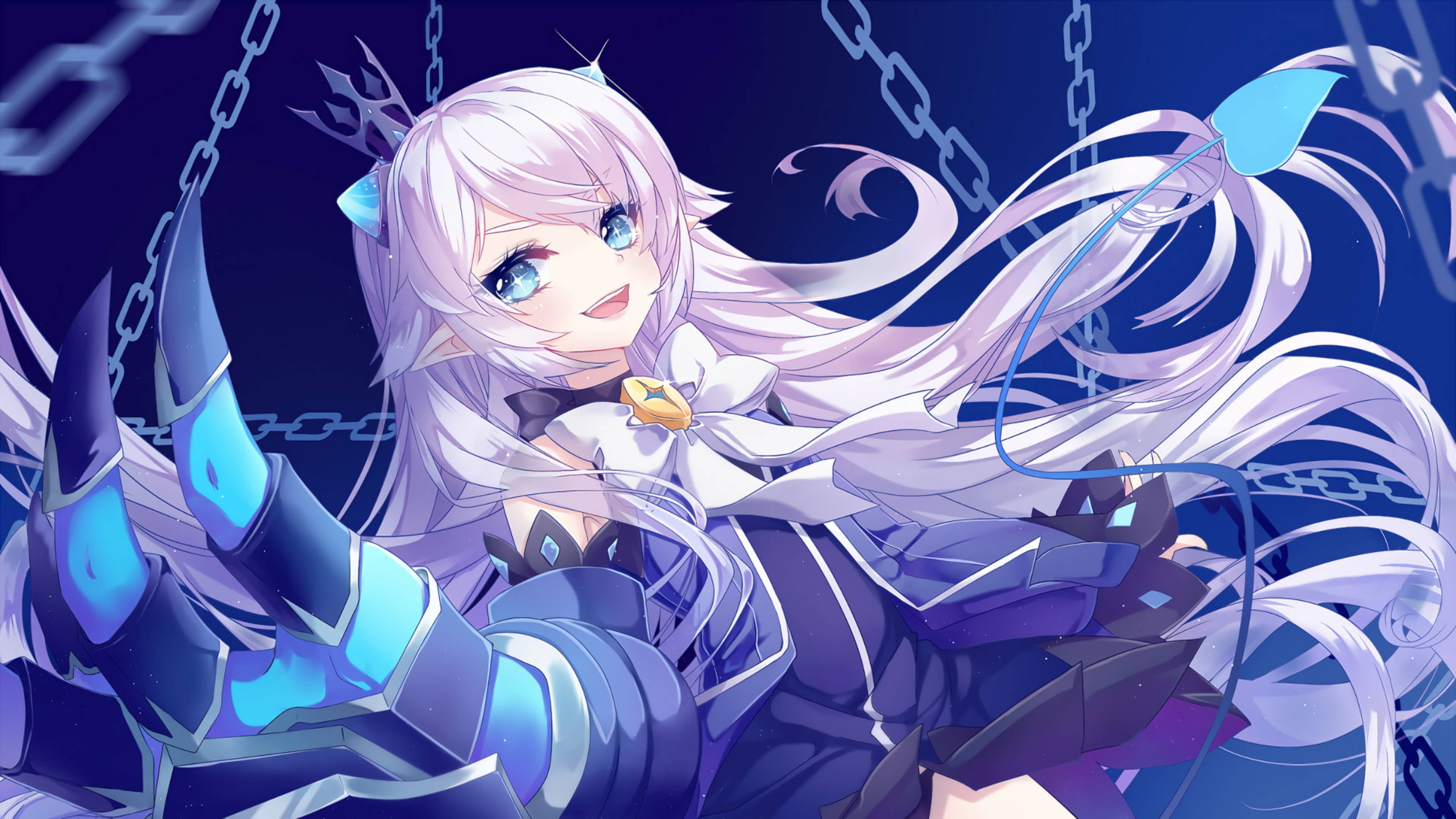 Elsword 桌布 壁紙 — 一位開朗的動漫女孩，長長的白髮和藍眼睛，穿著帶有發光裝飾的深藍色盔甲服裝，在充滿鎖鏈的背景前微笑。