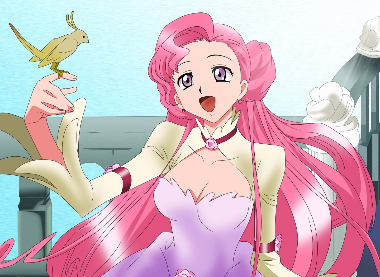 Euphemia Li Britannia 桌布 壁紙 — 一位開朗的動漫女孩，長長的粉紅色頭髮，在柔和的藍天背景下，輕輕地捧著一隻棲息在她手指上的小黃鳥。