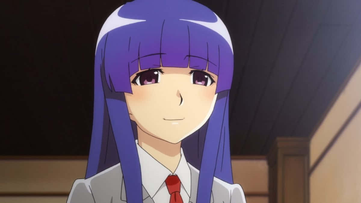 Nanako Kashii 桌布 壁紙 — 一位開朗的動漫女孩，長長的紫色頭髮和紅色領帶，在昏暗的房間裡溫暖地微笑。