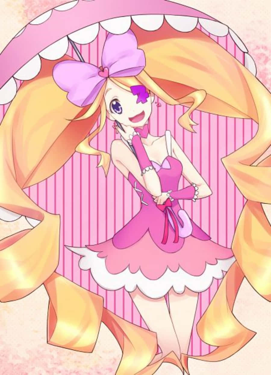 Nui Harime 桌布 壁紙 — 一位開朗的動漫女孩，長長的金色頭髮和一個大大的粉紅色蝴蝶結，微笑著拿著一把粉紅色雨傘，背景是條紋粉紅色。