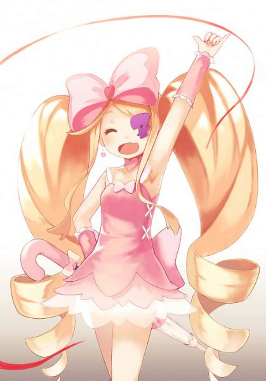 Nui Harime 桌布 壁紙 — 一位開朗的動漫女孩，長長的金色頭髮和一個巨大的粉紅色蝴蝶結，穿著明亮的粉紅色連衣裙快樂地跳舞。