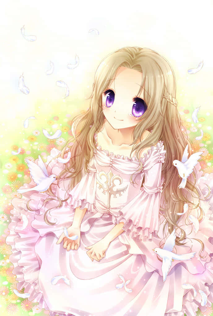 Nunnally Lamperouge 桌布 壁紙 — 一位開朗的動漫女孩，長長的金髮和紫色眼睛，穿著粉紅色荷葉邊連衣裙，被白鴿和飄浮的花瓣包圍在明亮的花田中。