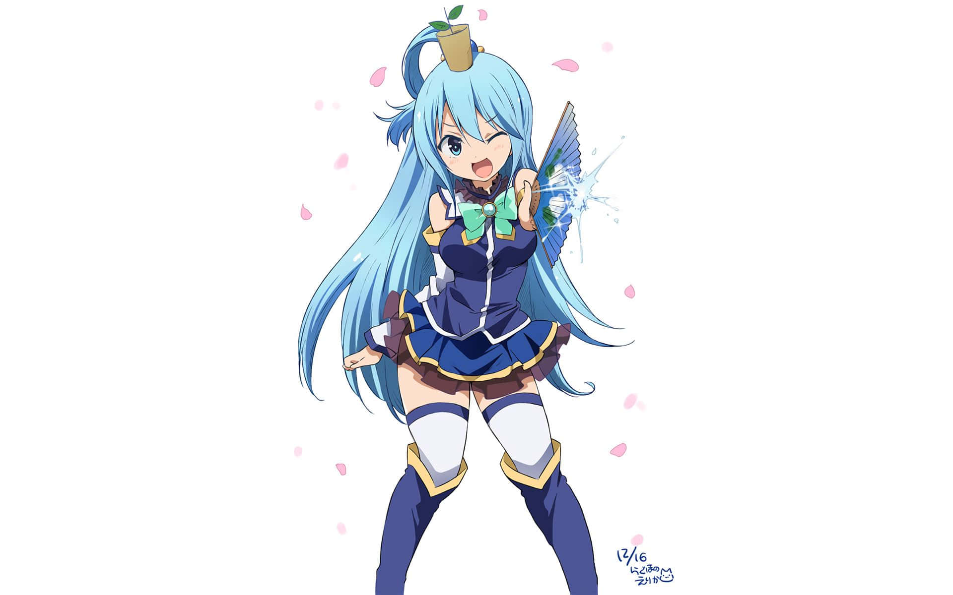 Konosuba God's Blessing On This Wonderful World 桌布 壁紙 — 一位開朗的動漫女孩，長長藍色頭髮，頭髮上有一株植物，在飄落的粉紅色花瓣中揮舞著發光的扇子。
