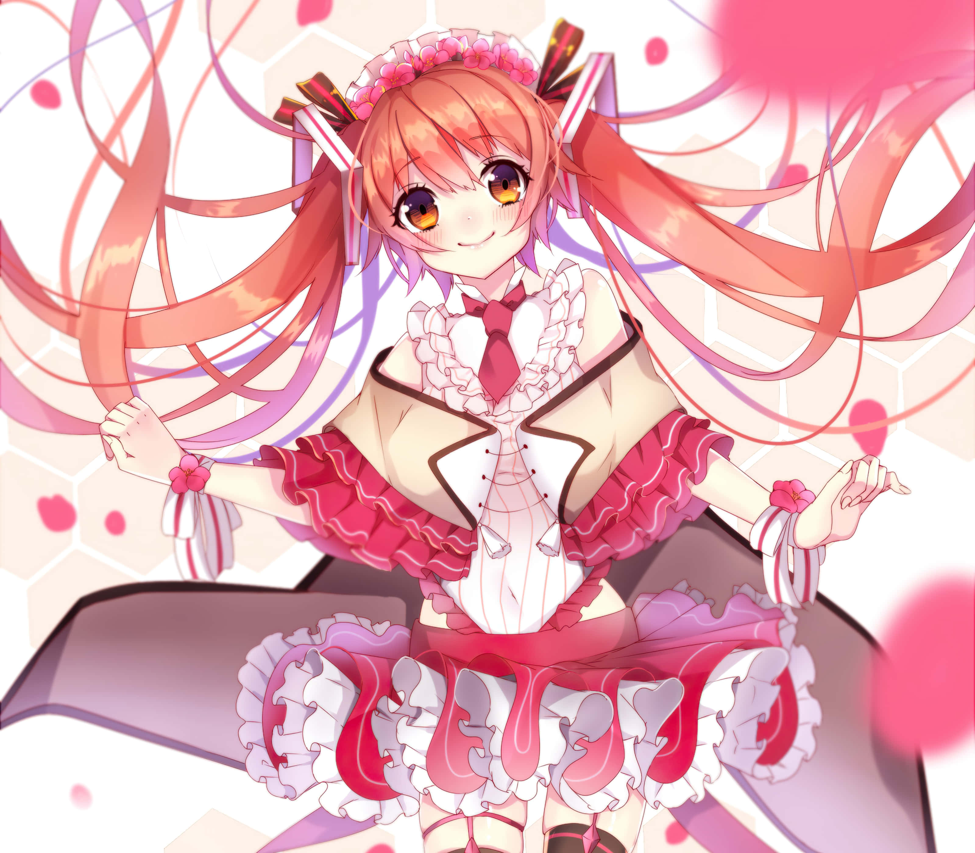 Sakura Miku 桌布 壁紙 — 一位開朗的動漫女孩，長長飄逸的粉紅色頭髮，穿著荷葉邊粉白相間的服裝，在柔和的六邊形背景前微笑。