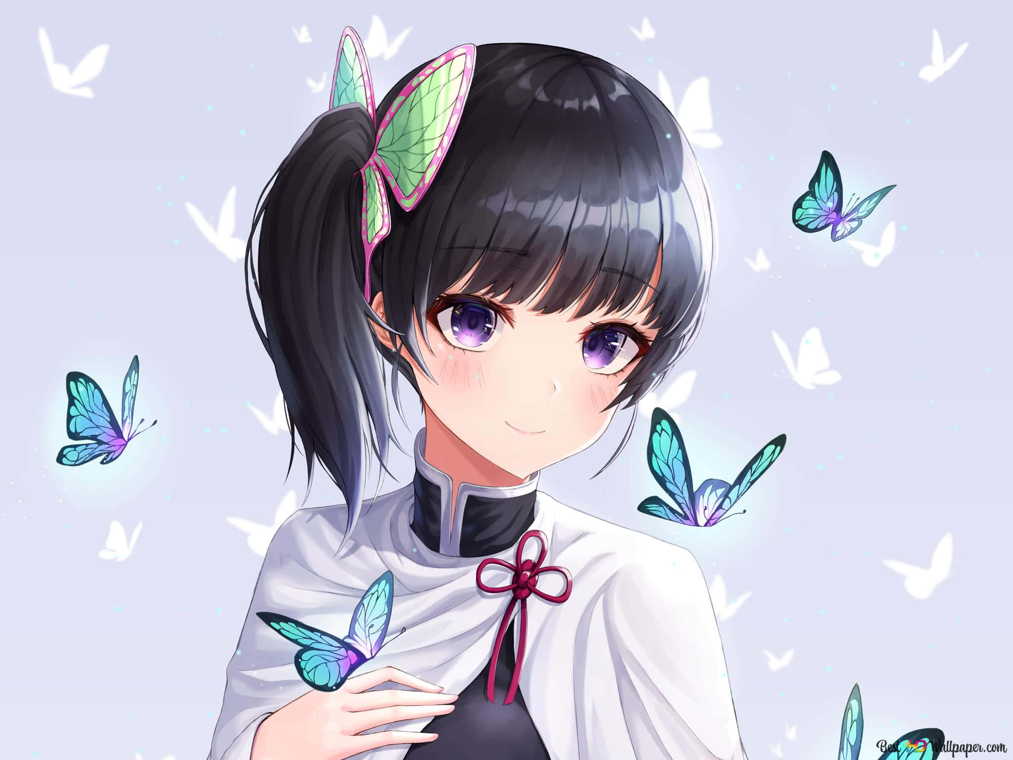 Demon Slayer Kanao 桌布 壁紙 — 一位開朗的動漫女孩，黑髮紫眸，在彩色蝴蝶飛舞時溫柔微笑。