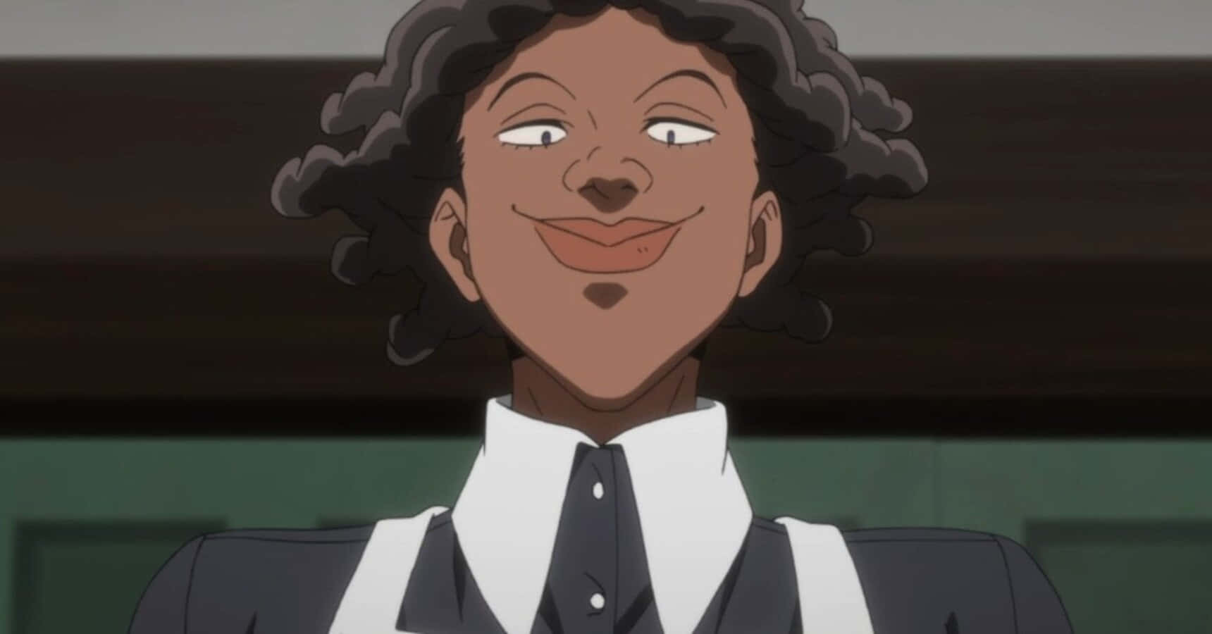 The Promised Neverland Krone 桌布 壁紙 — 一位開朗的動漫女性，捲髮，穿著正式的黑白服裝，溫暖地微笑。