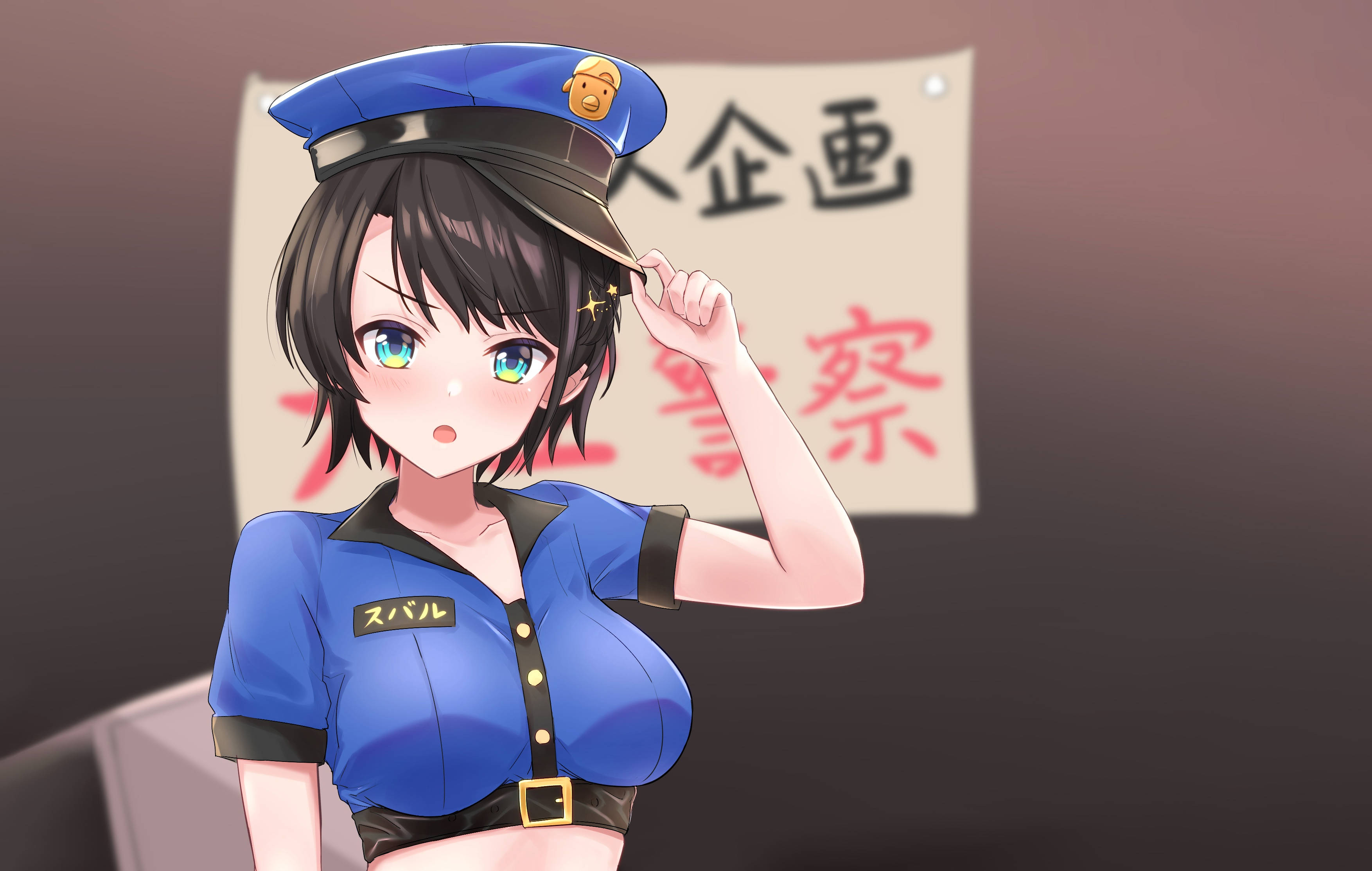 anime sexy 桌布 壁紙 — 一位開朗的動漫女警穿著藍色制服，在模糊的背景前微笑敬禮。