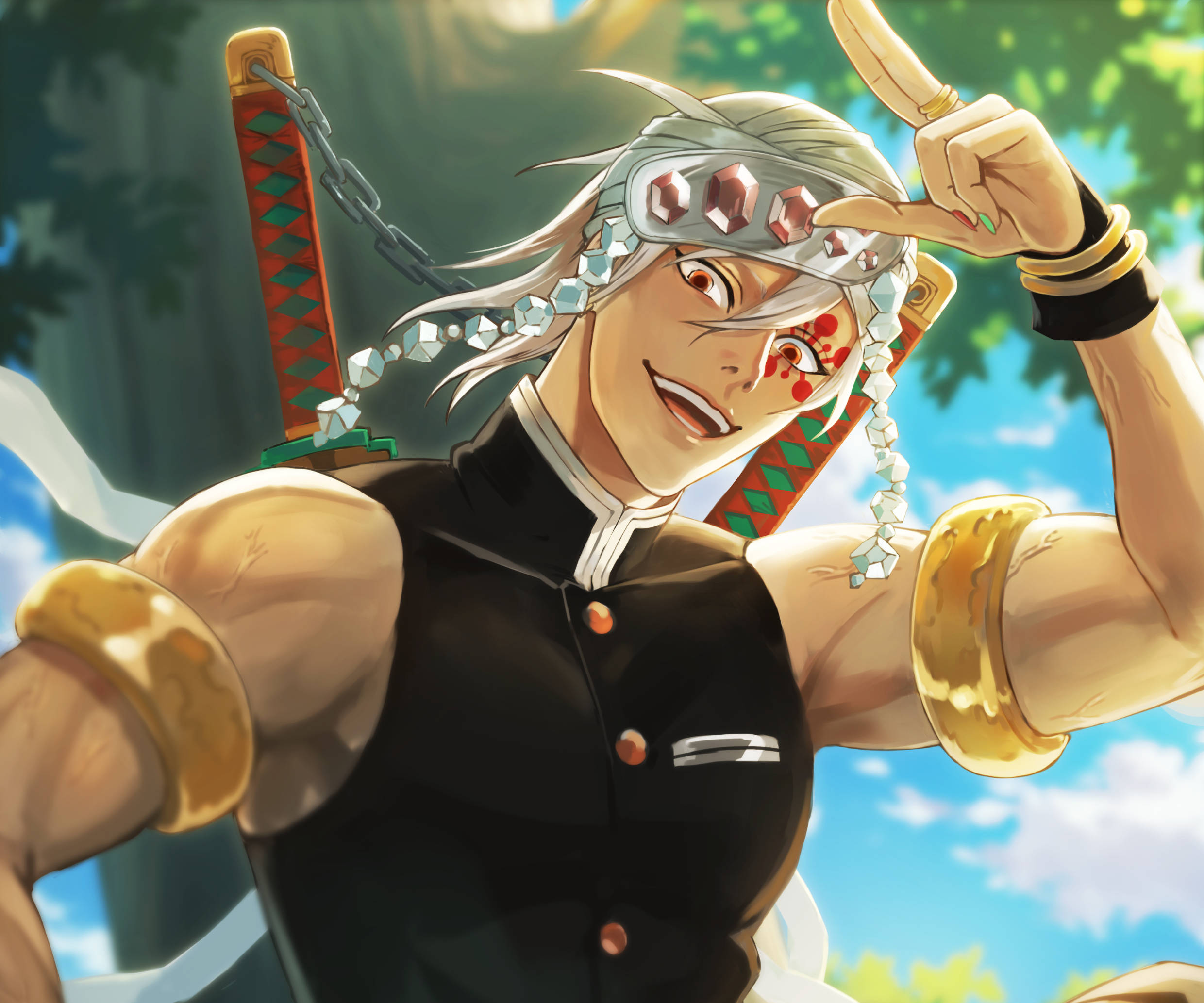 Tengen 桌布 壁紙 — 一位開朗的動漫戰士，銀色頭髮，臉上帶有紅色標記，自信地指著，戴著水晶頭帶，手持劍。