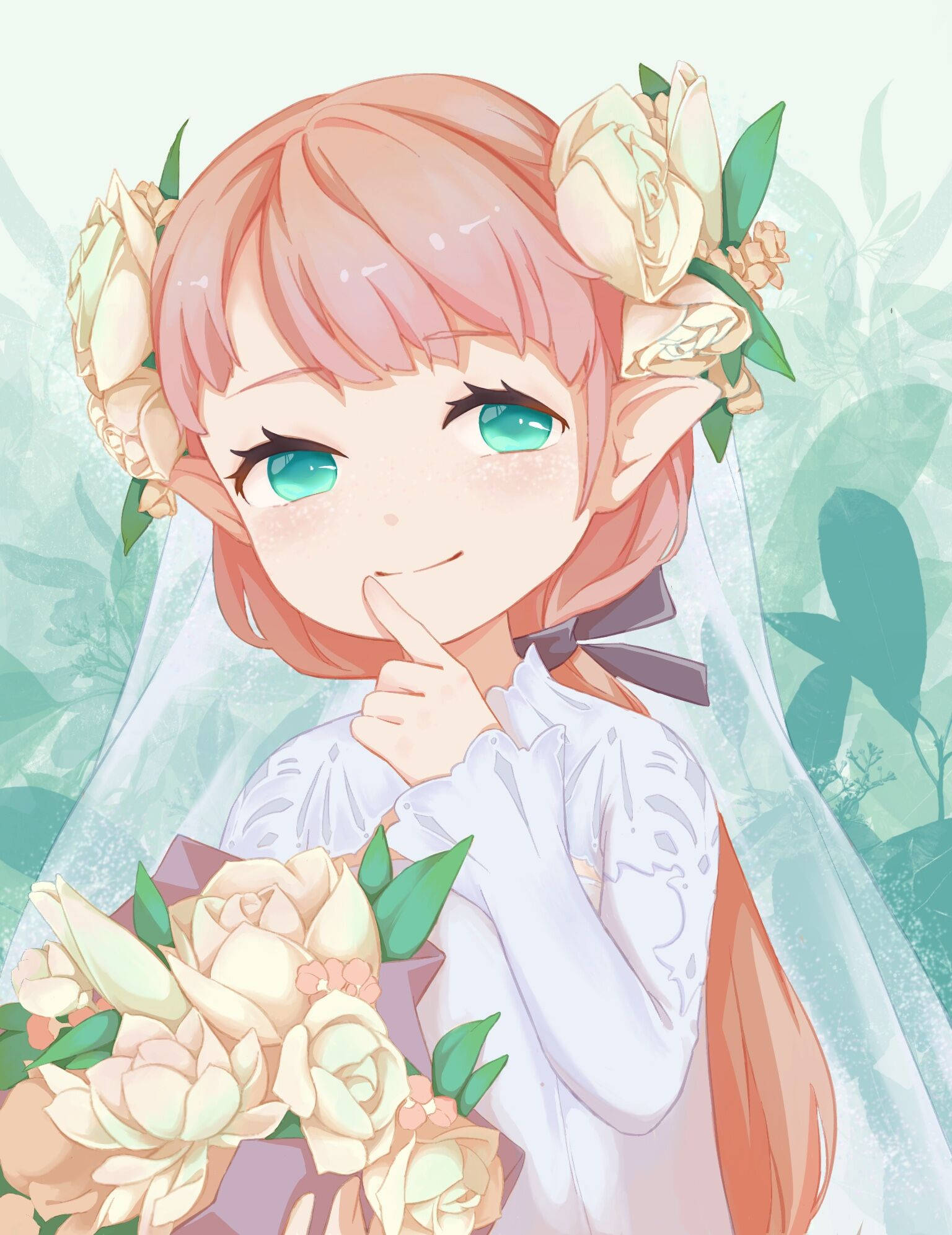 Bride 桌布 壁紙 — 一位開朗的動漫新娘，蜜桃色頭髮和藍綠色眼睛，手持花束，戴著花冠和頭紗。