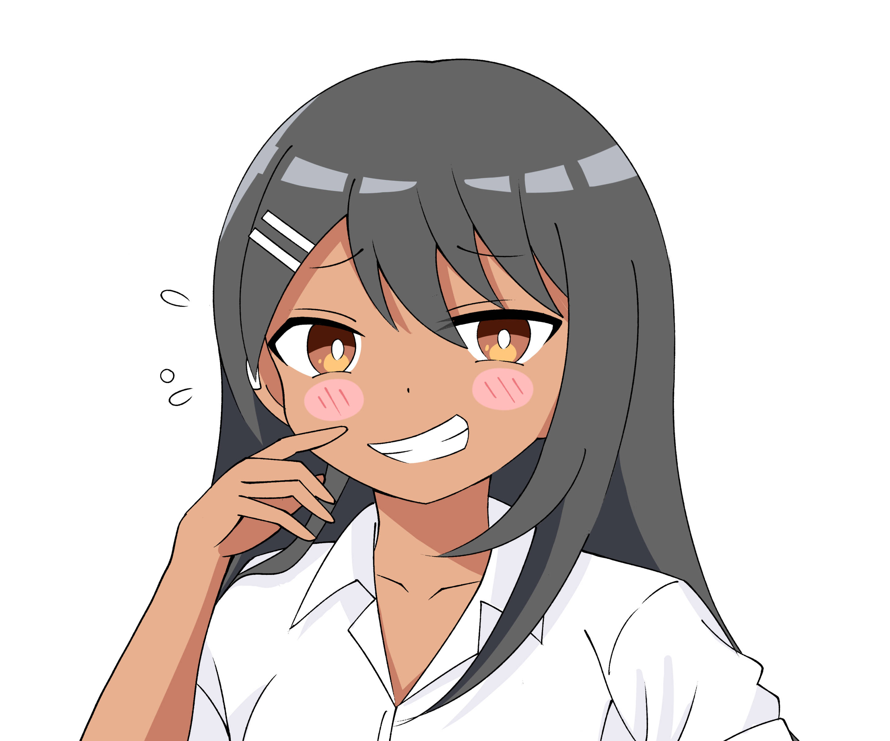 Nagatoro 桌布 壁紙 — 一位開朗的動畫女孩，灰色頭髮和臉頰泛紅，微笑著將臉頰貼在純白色背景上。