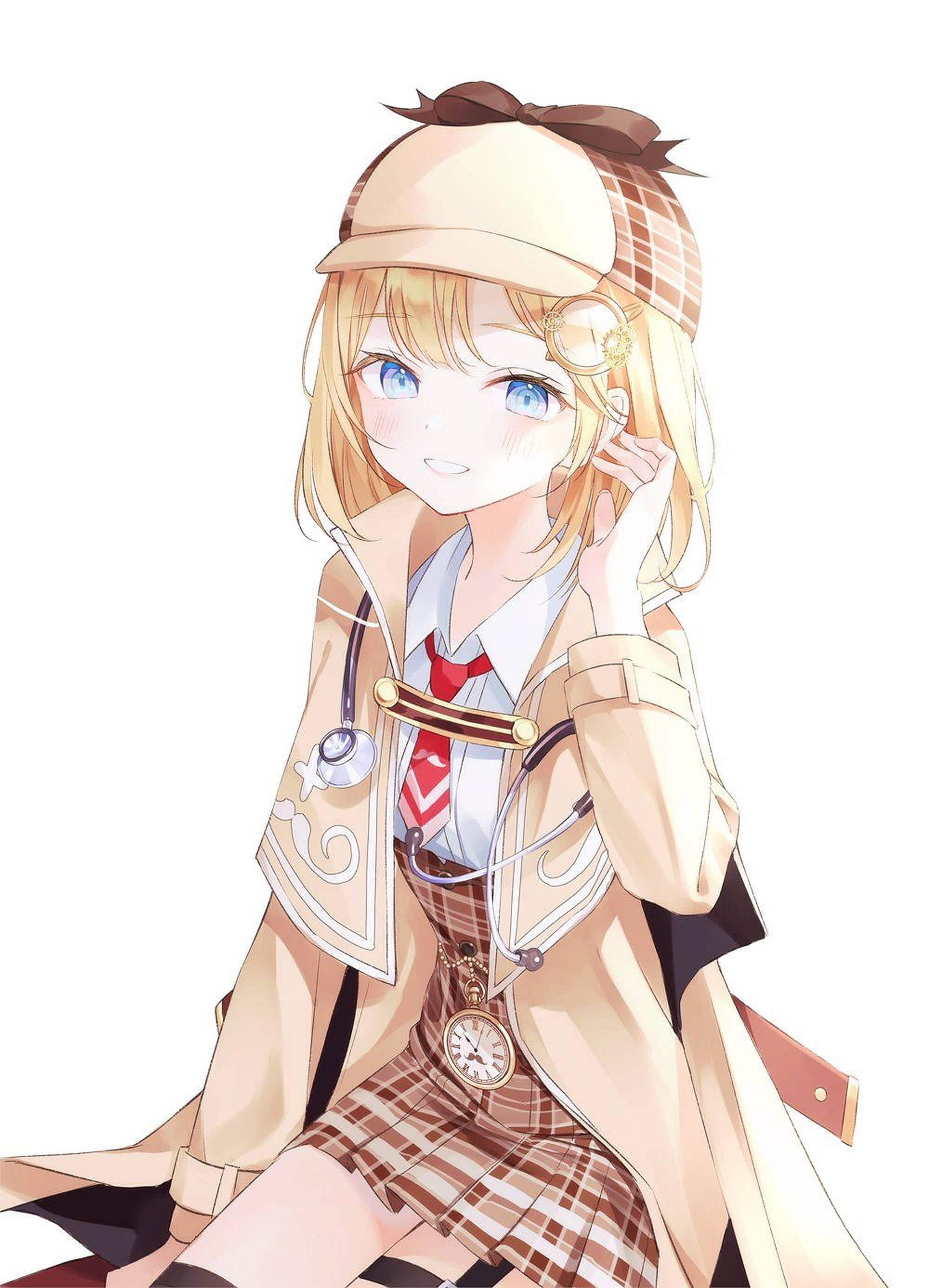 Amelia 桌布 壁紙 — 一位開朗的動畫女孩，金髮藍眼，穿著米色風衣、格子裙和帽子，手持聽診器和懷錶。