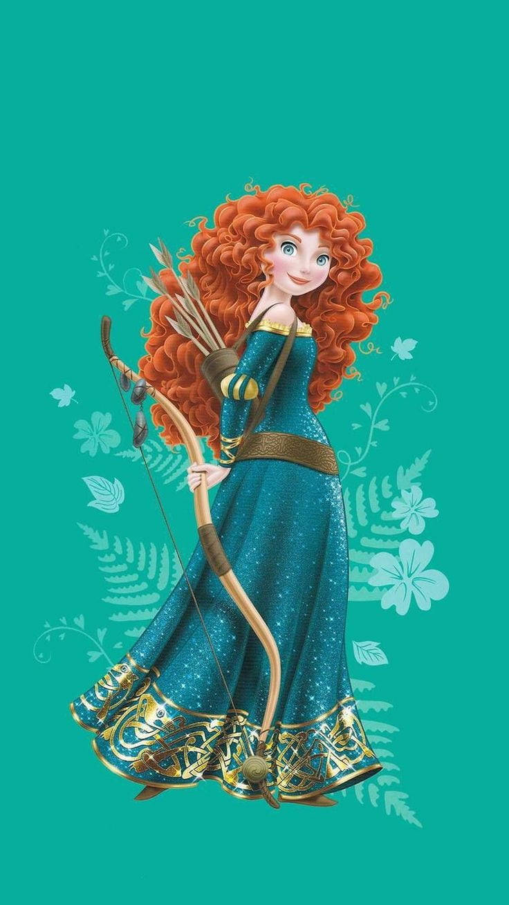 Disney Brave 桌布 壁紙 — 一位開朗的動畫女英雄，有著火紅的捲髮，在帶有花卉漩渦的藍綠色背景上拿著弓箭。